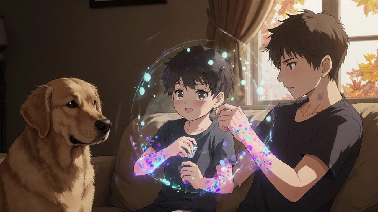 A father and son taking Alavert with a dog nearby, hives disappearing from the child&#039;s arms.