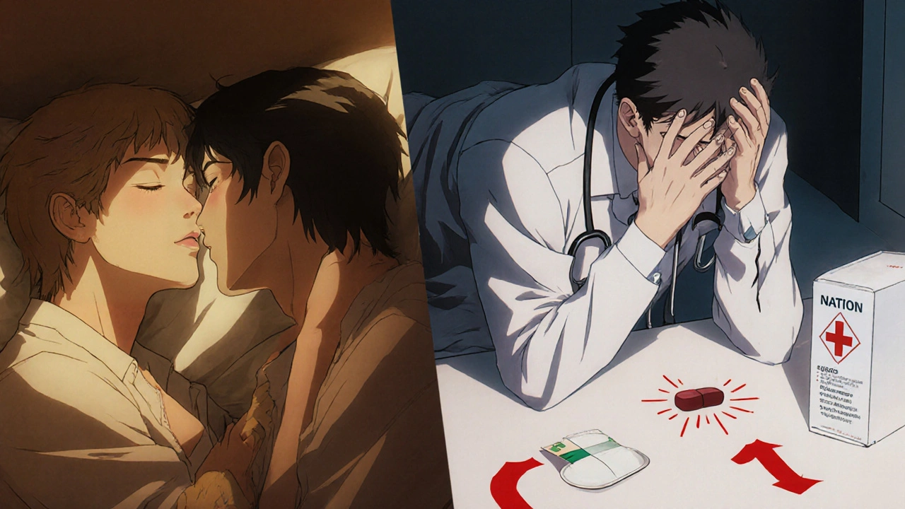 A man experiencing intimacy vs. emergency hospital scene, contrasting safe and dangerous use.