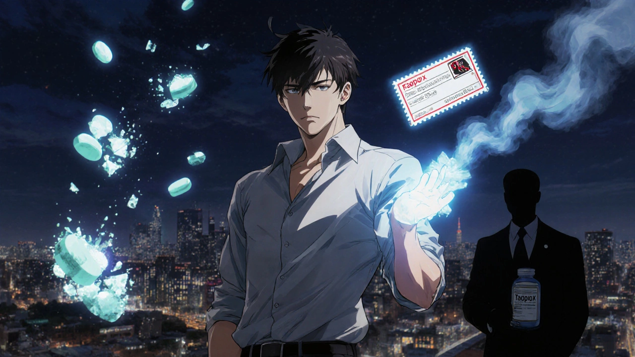 Man on rooftop overlooking city, counterfeit pills dissolving into smoke while a prescription glows above his hand.