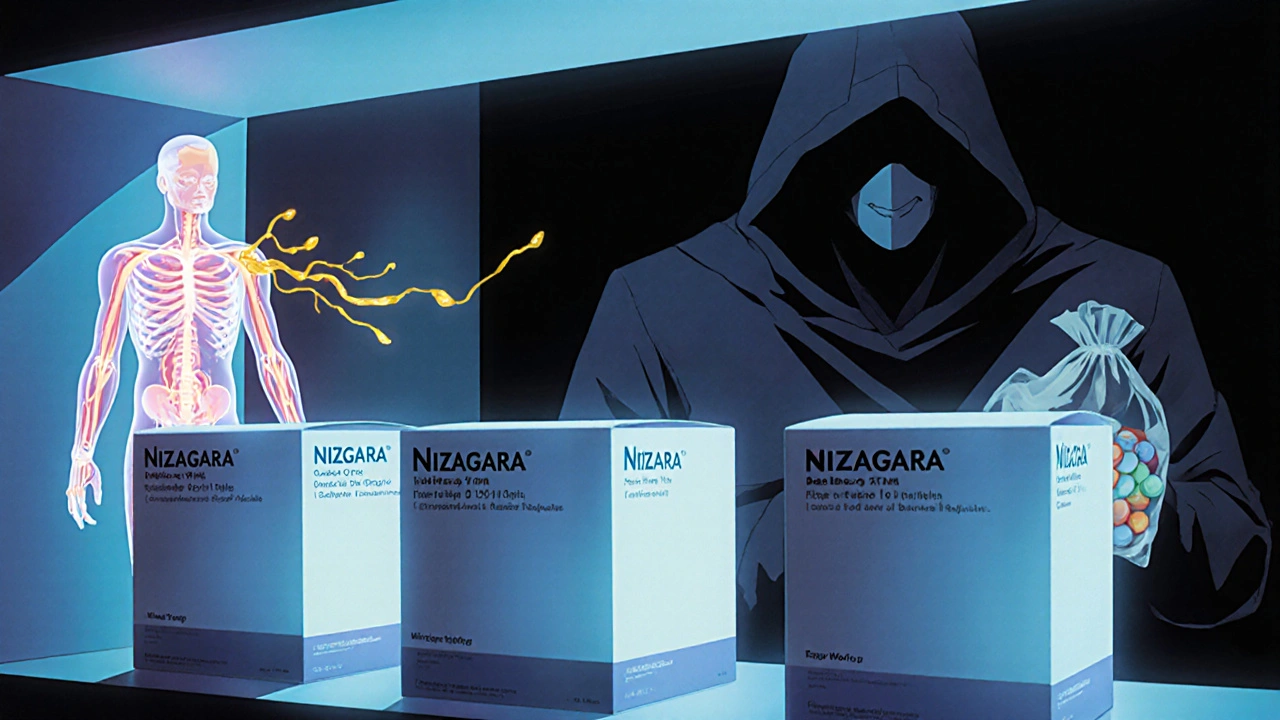 Pharmacy shelf with Nizagara and Viagra side by side, with anatomical blood flow and counterfeit pills in shadow.