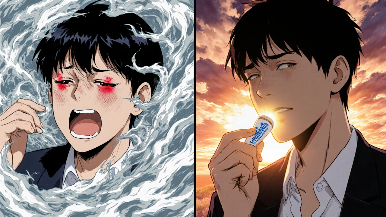 Split scene: allergy symptoms in chaos vs. calm relief after taking Alavert.