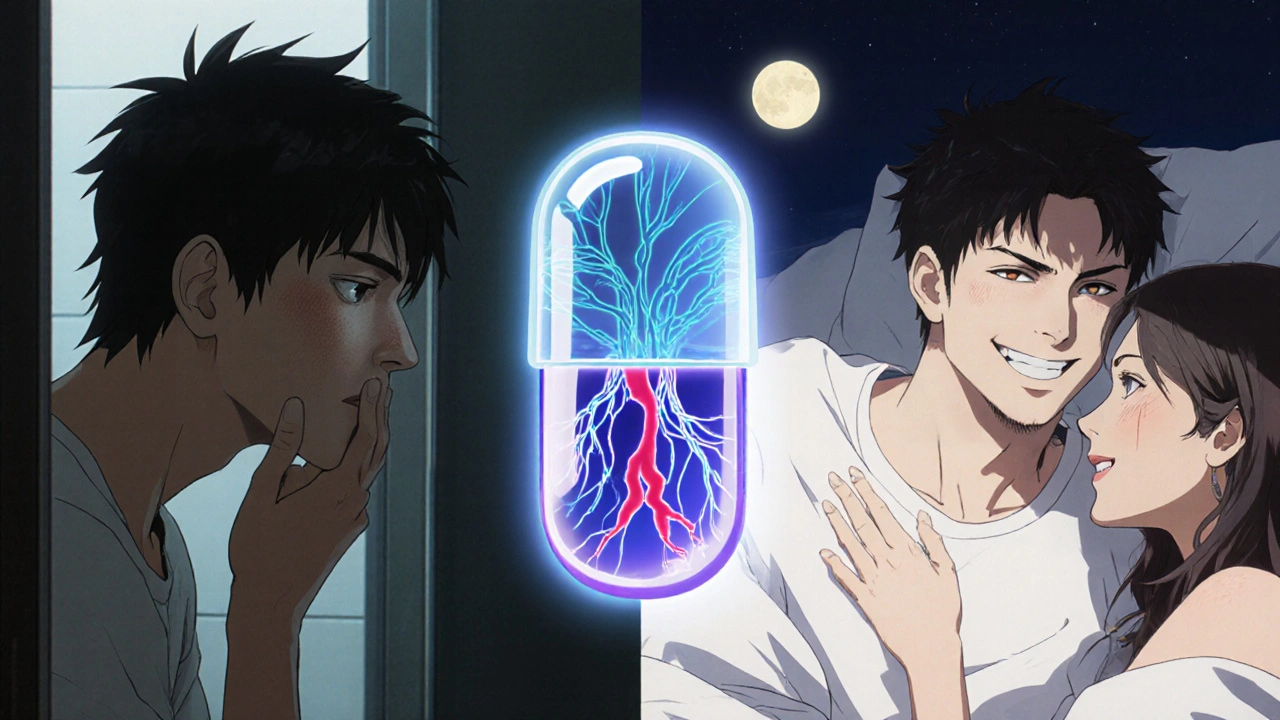 Split scene of a man’s anxiety vs. confidence, with a floating pill showing neural and blood flow pathways.