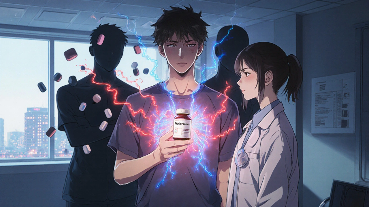 A patient holding an eplerenone pill as energy waves stabilize their blood pressure, failed meds fading behind.