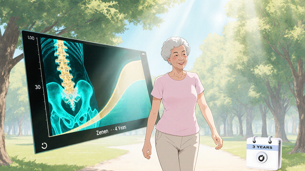 Active older woman walking with a translucent DXA scan showing increased bone density.