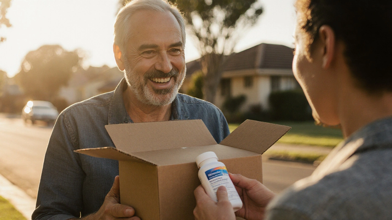 Adult opening a parcel, revealing a metformin bottle, smiling.