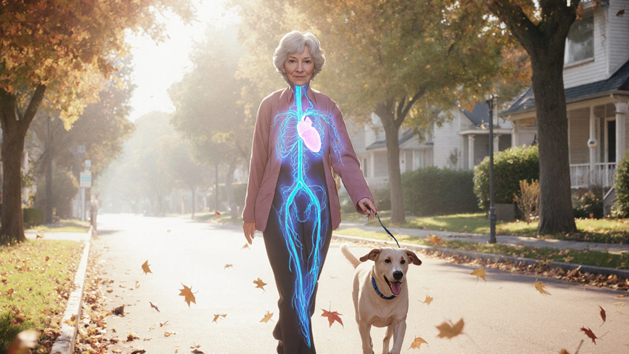 An elderly woman walking her dog peacefully in the morning, with translucent veins showing improved blood flow.