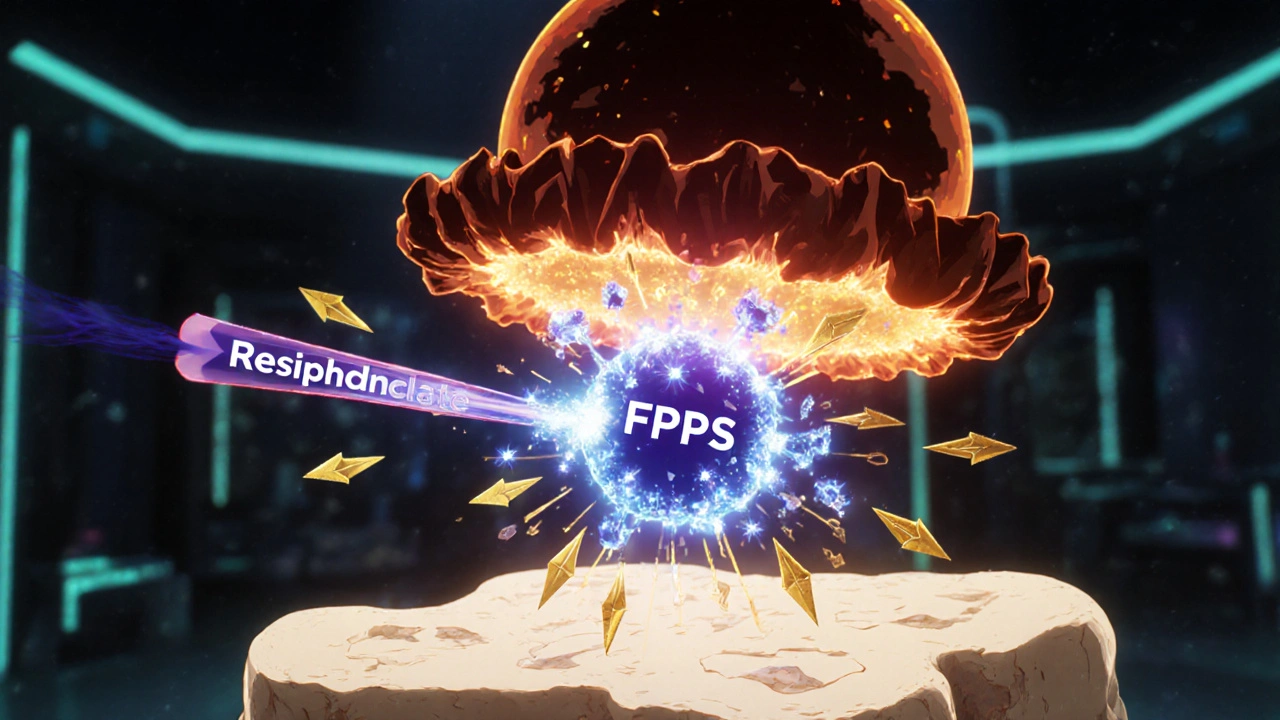 Animated osteoclast being inhibited by a glowing Residronate molecule breaking the FPPS enzyme.