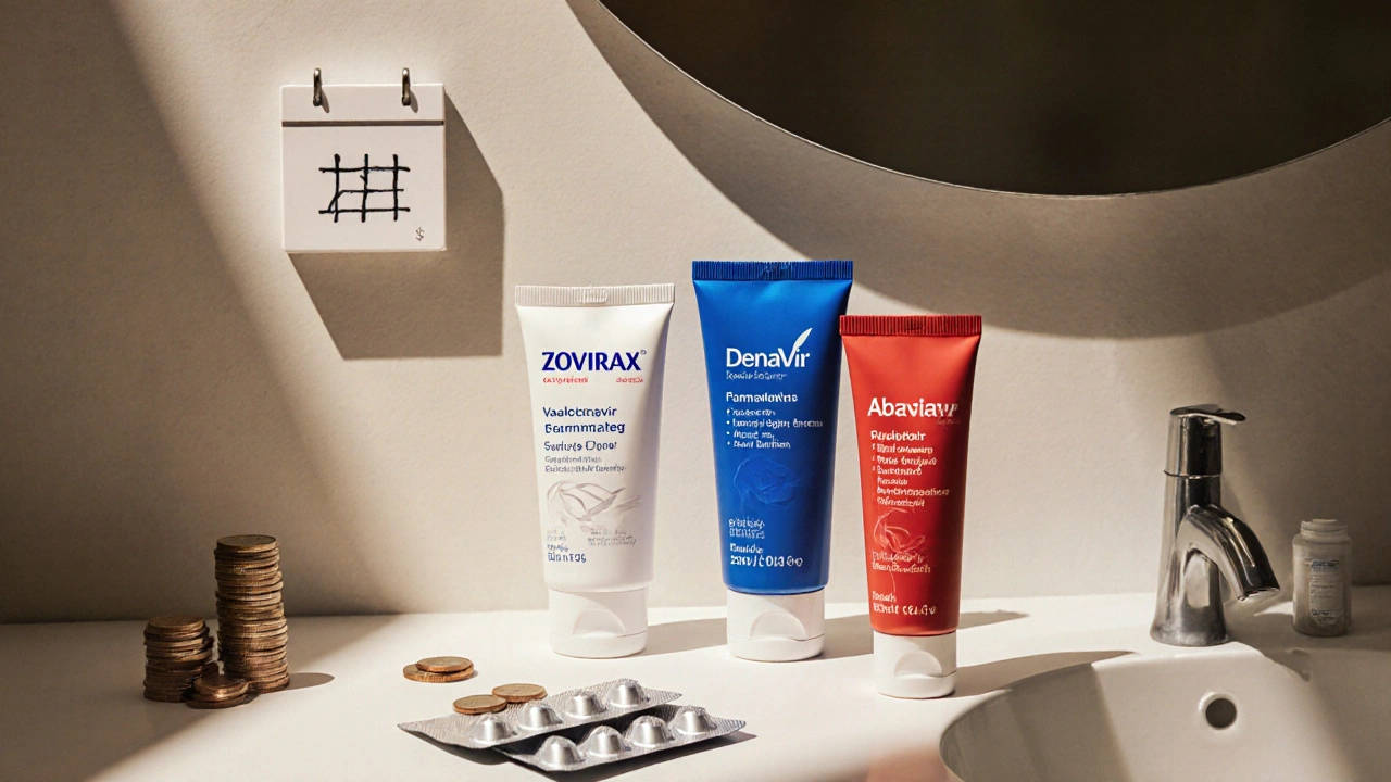 Bathroom counter showing Zovirax, Denavir, Abreva creams and antiviral pills.