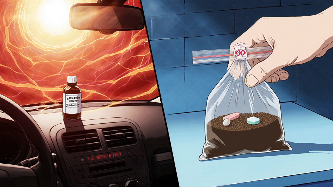 Car dashboard with hot cinnarizine bottle and pills mixed in coffee grounds.