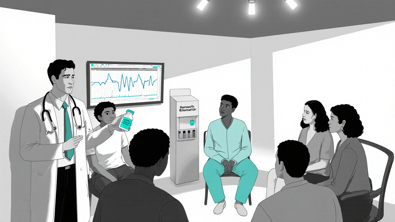 Clinic scene with diverse patients and doctor discussing darunavir treatment.