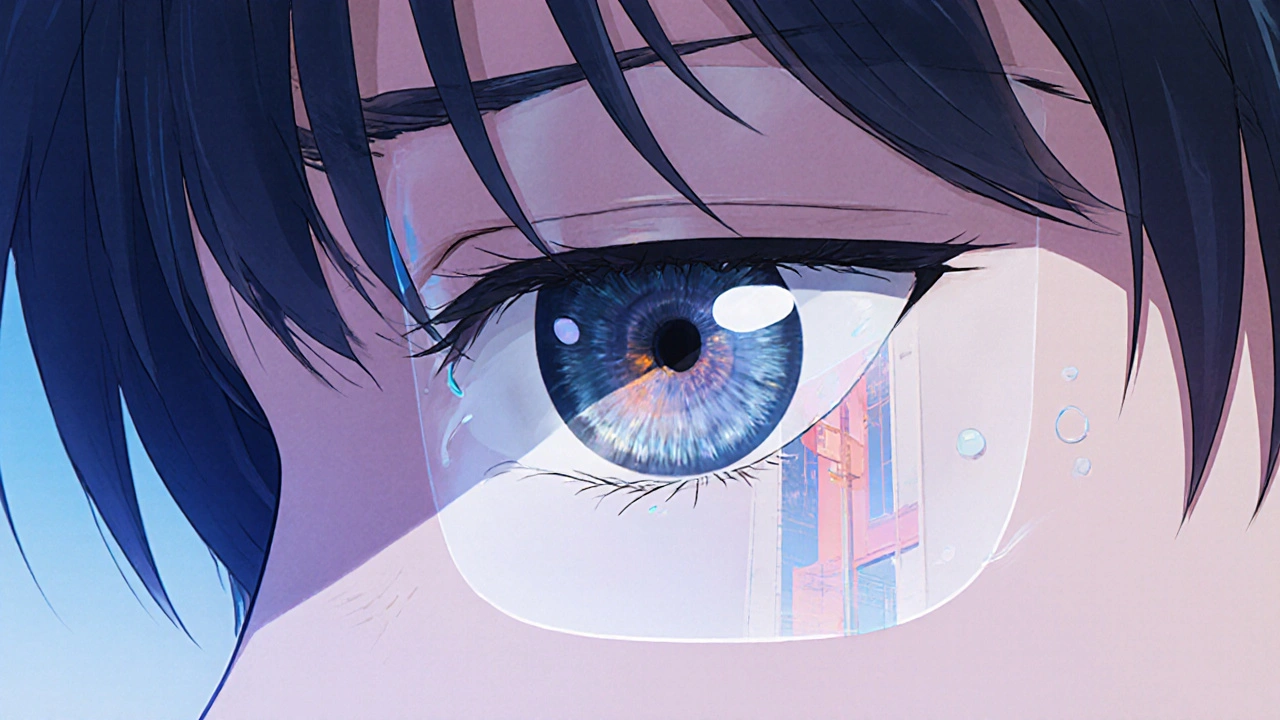 Close-up of an eye with blurred, double vision and color shift effects.