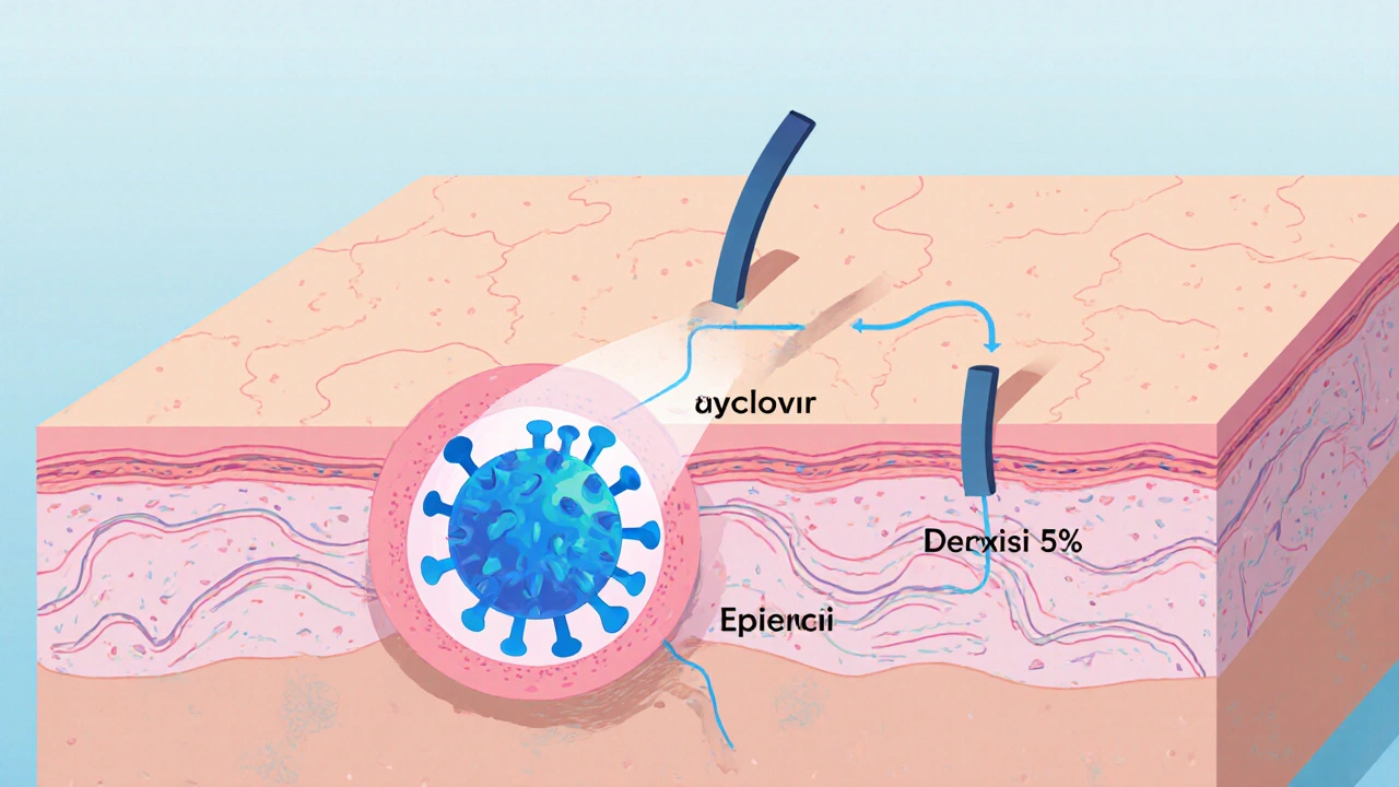 Diagram showing acyclovir blocking herpes virus DNA replication in skin.