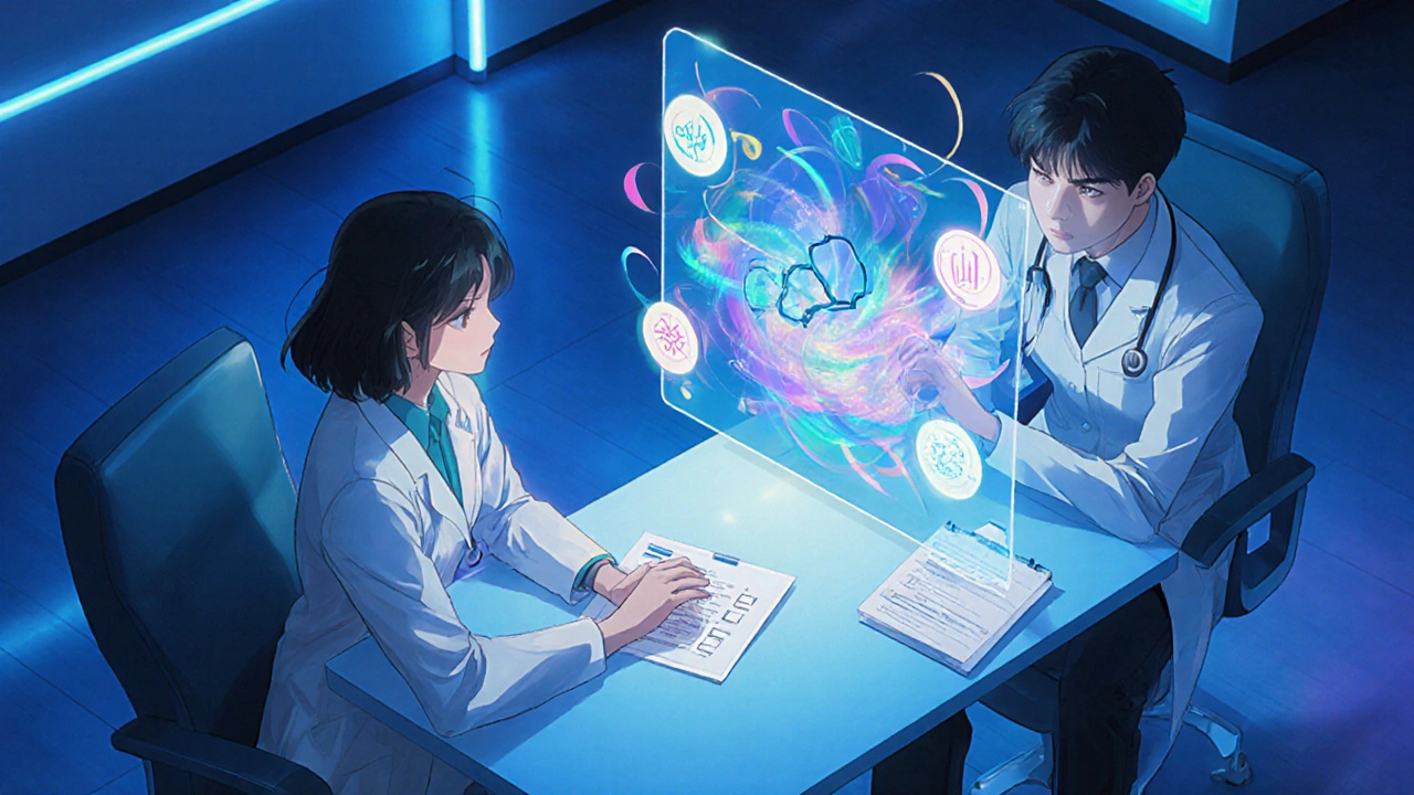 Doctor and patient examine an AI‑driven holographic decision aid in a clinic.