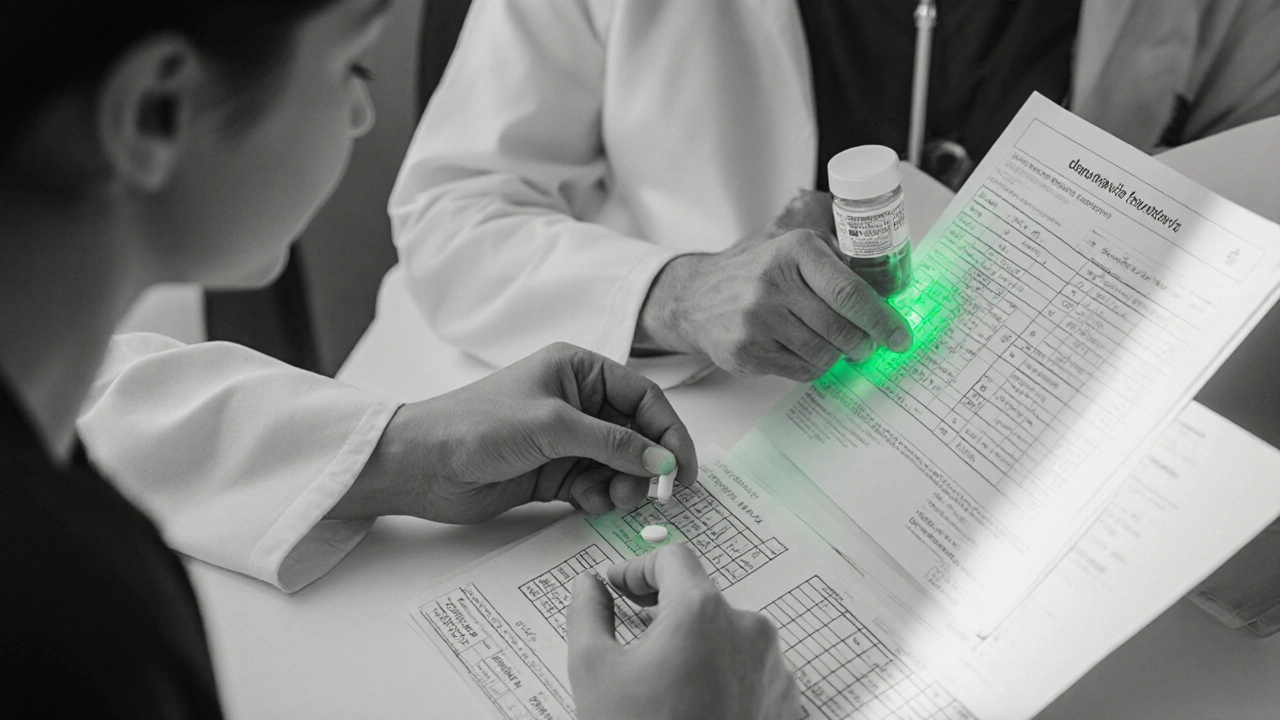 Doctor and patient reviewing lab samples and a darunavir pill in a consultation.