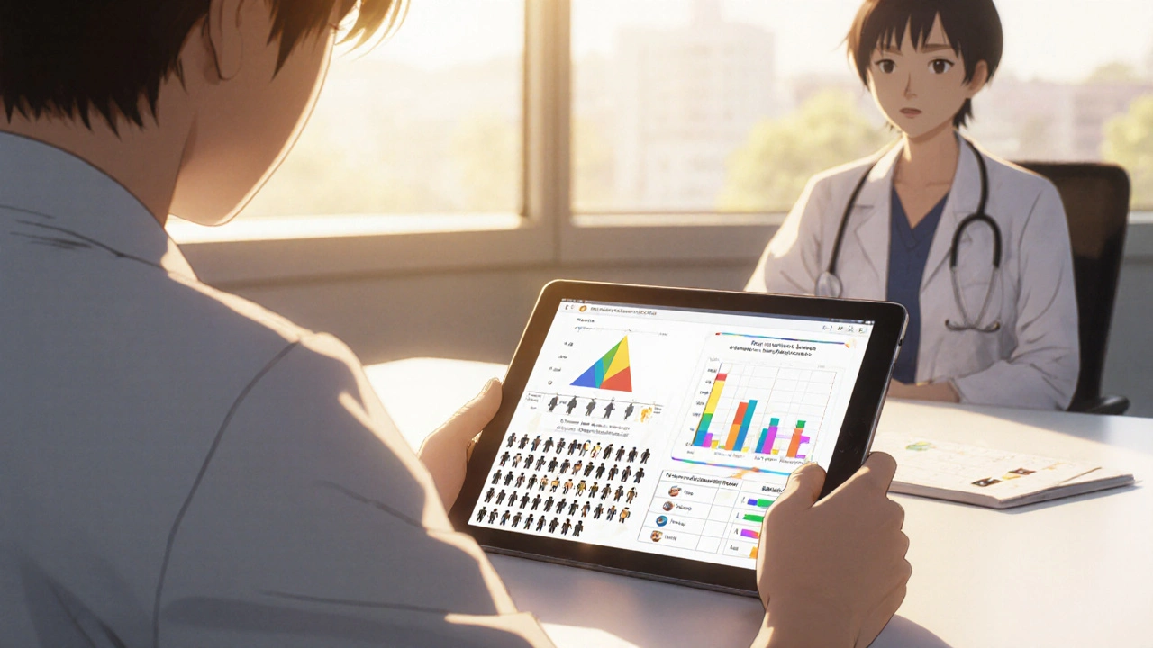 Doctor and patient view a tablet with risk chart, icon array, and worksheet.