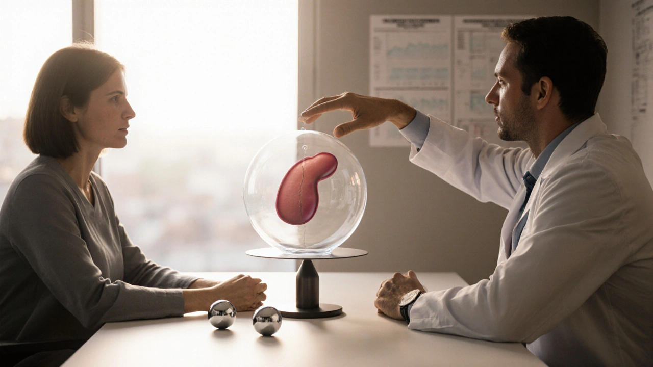 Doctor and patient with a holographic cholesterol model and balanced scale of factors.