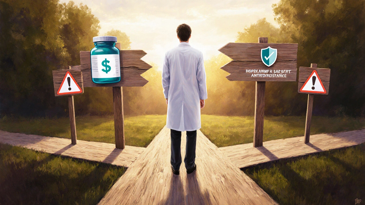 Doctor at a crossroads with icons for cost, narrow‑spectrum safety, and resistance warning.