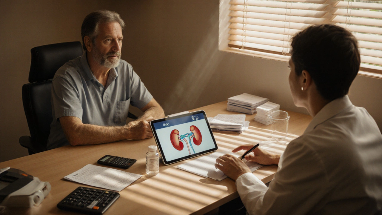 Doctor consulting a patient about gout treatment with kidney and heart icons on the desk.