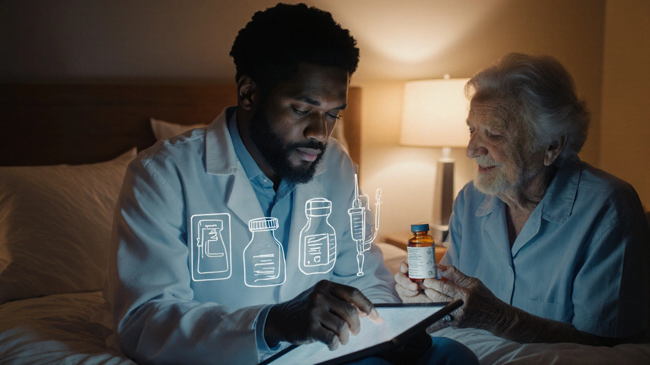 Doctor consulting patient with tablet showing drug icons in a softly lit bedside setting.
