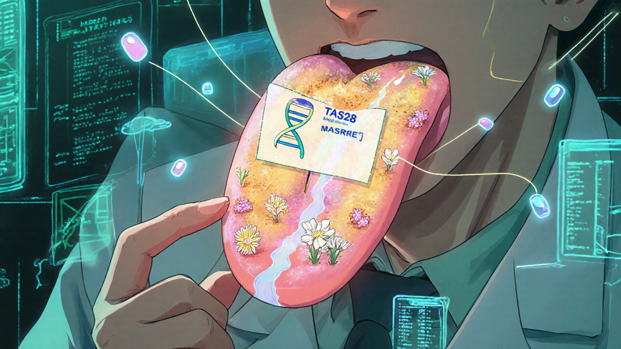 Doctor showing genetic map as patient&#039;s tongue transforms with healing zinc rivers and blooming taste buds