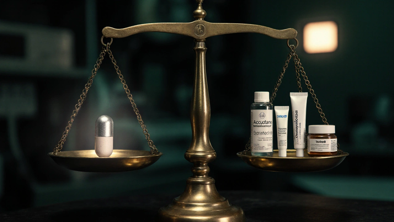 Dramatic scale balancing a heavy Accutane pill against lighter acne treatments in a dark clinic.