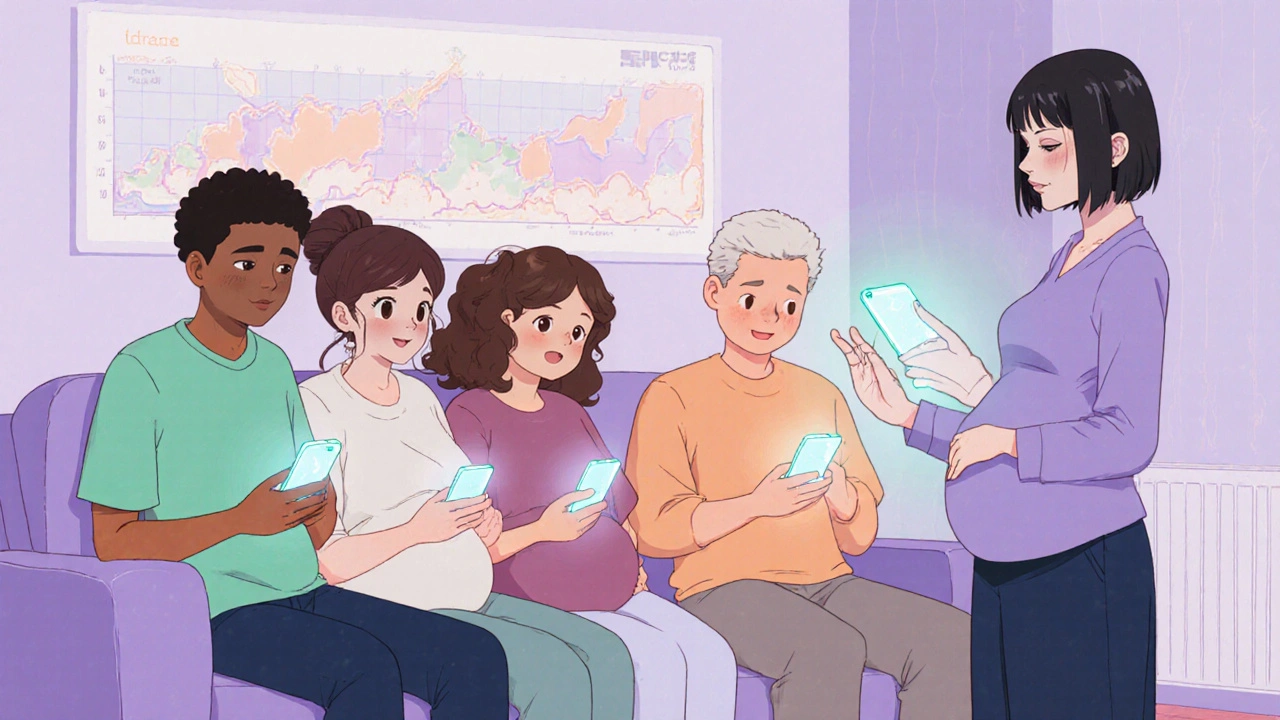 Expectant parents gathered, sharing phones and supportive conversation.