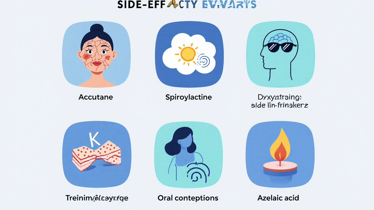 Flat icons showing side‑effects of Accutane, doxycycline, spironolactone, retinoids, contraceptives, and azelaic acid.