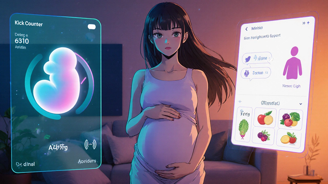 Floating holographic screens show fetus model, kick counter, nutrition chart.
