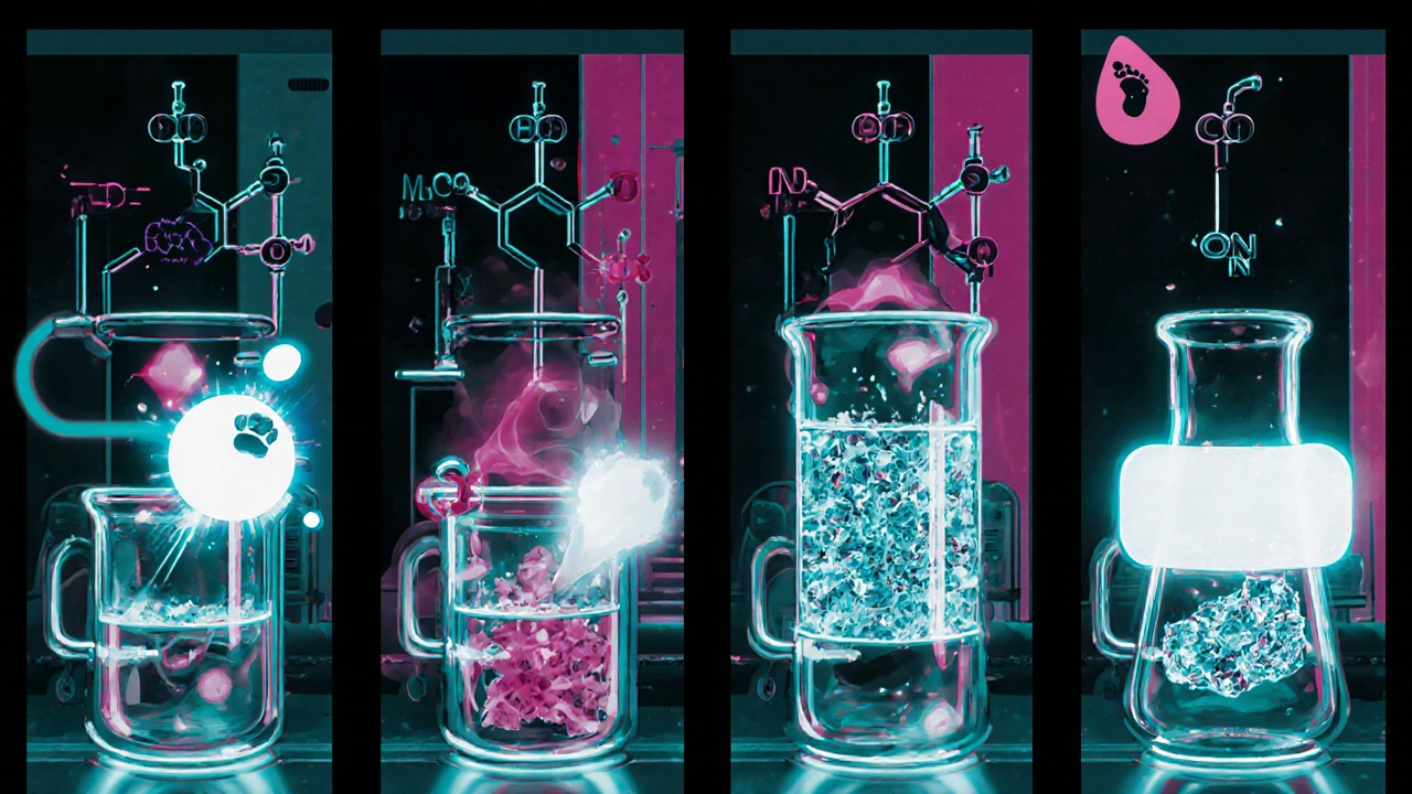 Four‑panel lab view showing each step of Febuxostat synthesis with chemicals and equipment.