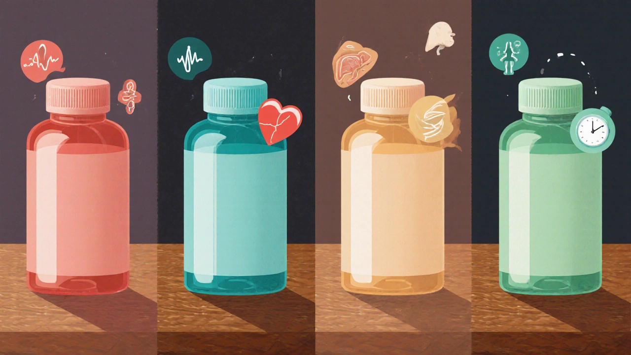 Four statin bottles with colored glows and floating health icons on a wooden table.