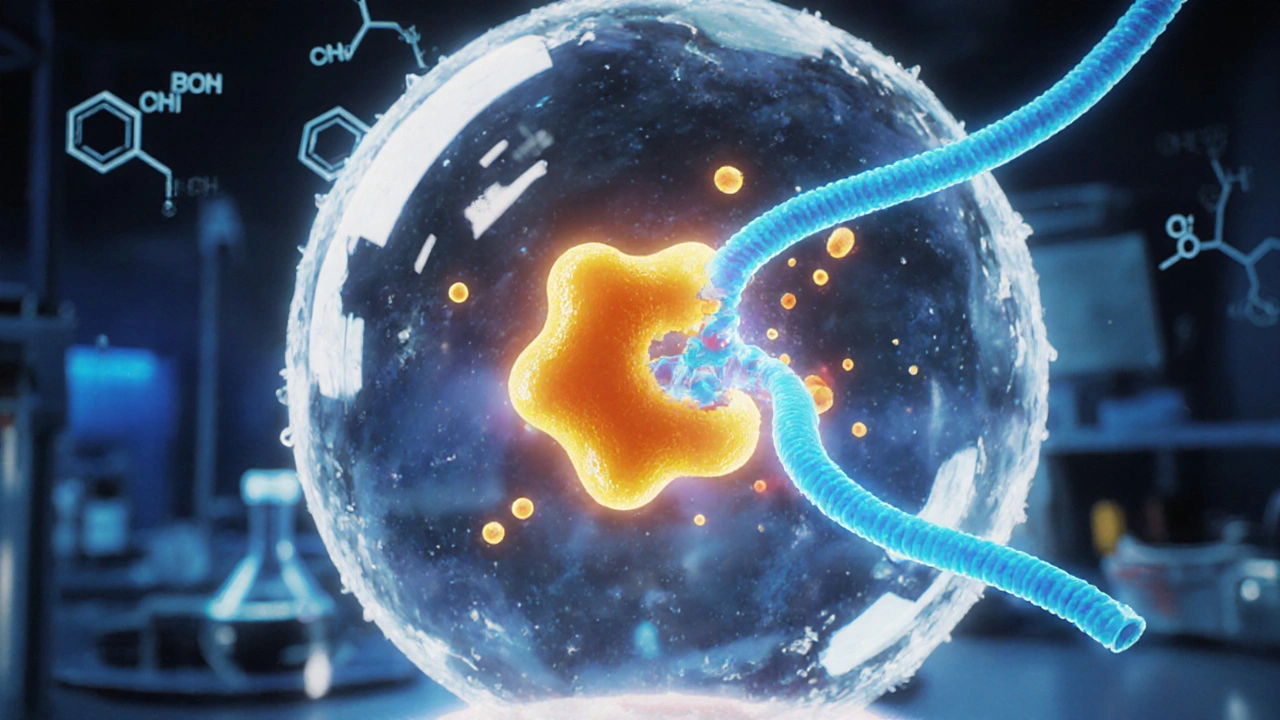 Fungal cell showing griseofulvin molecule binding to tubulin, disrupting filaments.