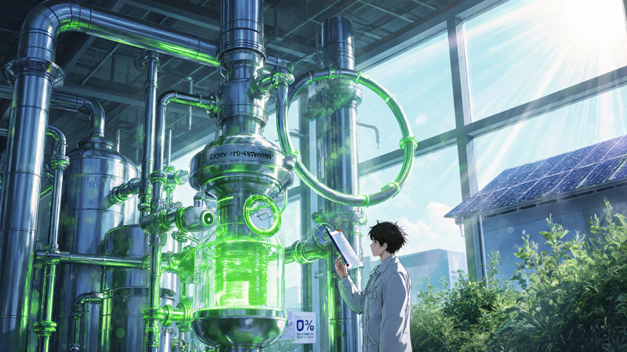 Green futuristic plant with solvent‑recycling loops, nickel catalysts, and solar panels.