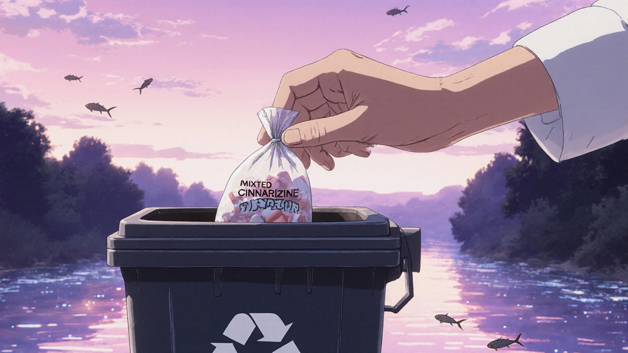 Hand drops sealed pill bag into trash bin near a calm river at sunset.