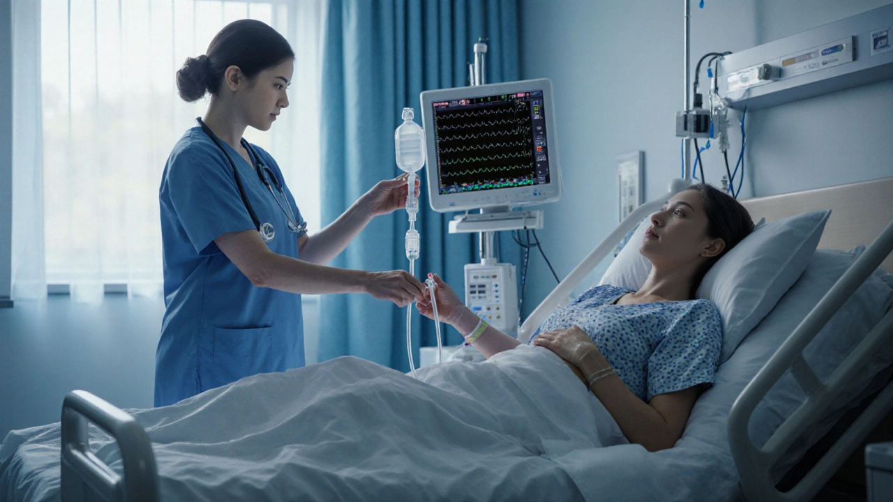 Hospital scene showing pregnant patient receiving IV fluids for severe morning sickness.