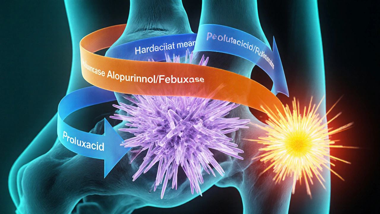Illustrated joint showing uric acid crystals and visual ribbons for drug actions.