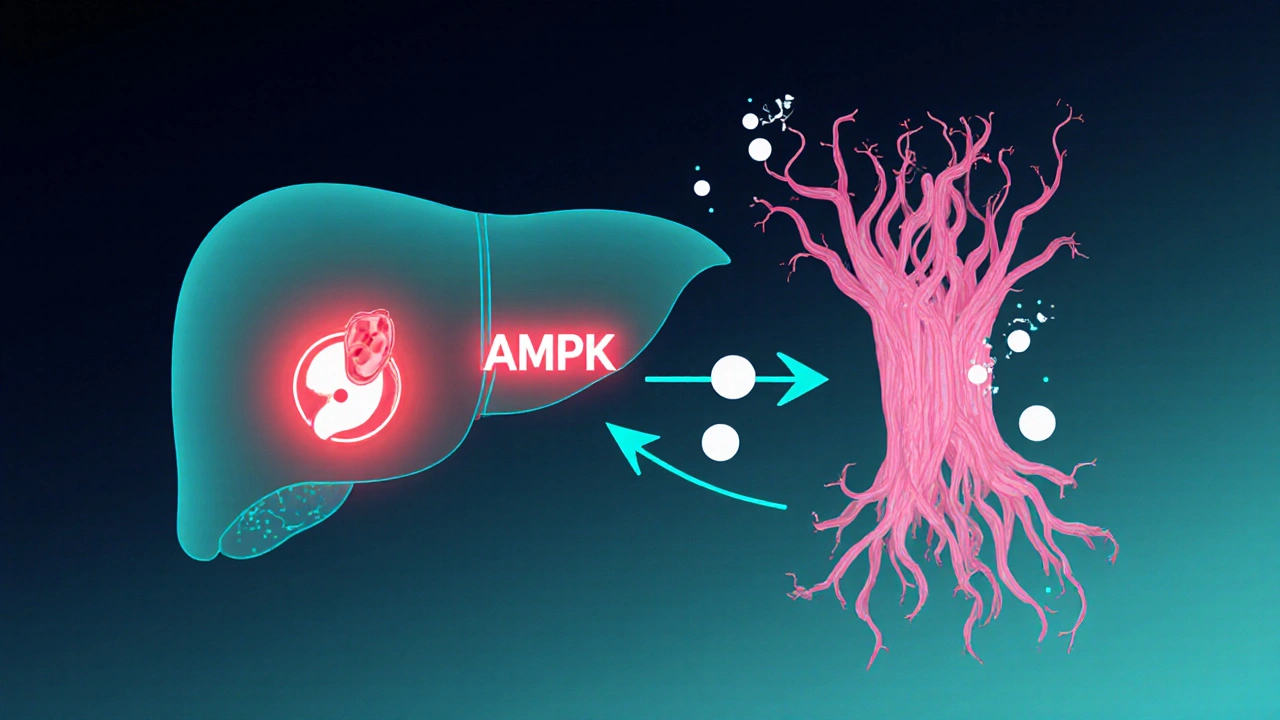 Illustration of metformin activating AMPK in liver and glucose entering muscle.