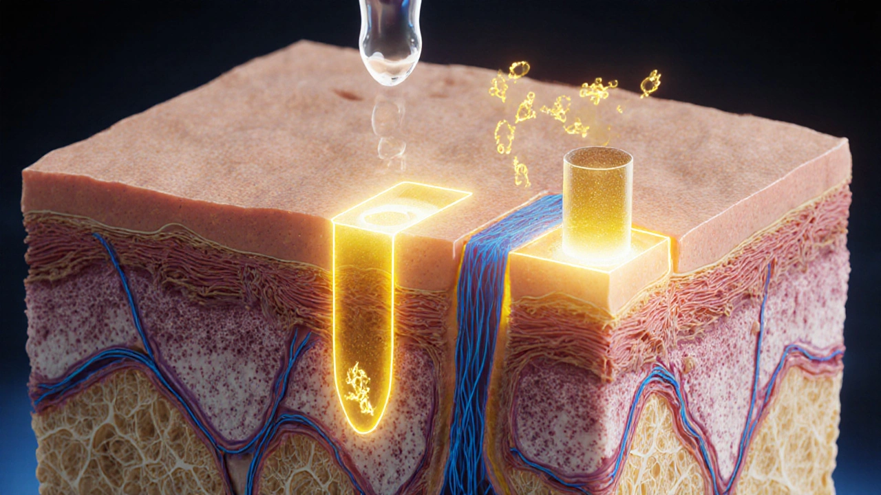 Illustration of skin layers showing tretinoin binding receptors and boosting collagen.