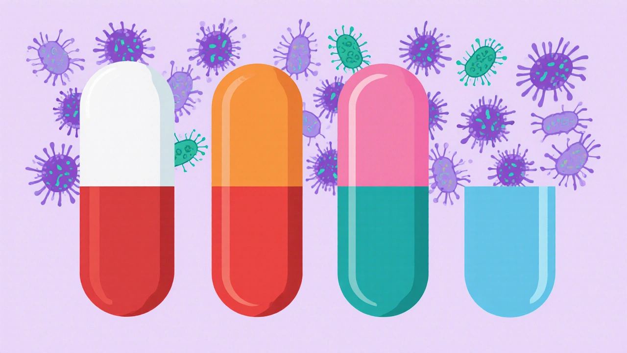 Illustration showing six different antibiotic pills with bacterial icons indicating spectrum.