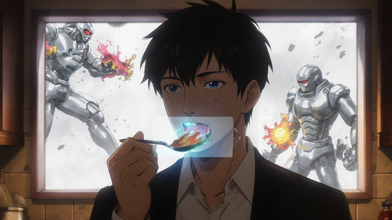 Man taking Paxlovid with peanut butter, glowing barrier protecting taste buds from metallic effects