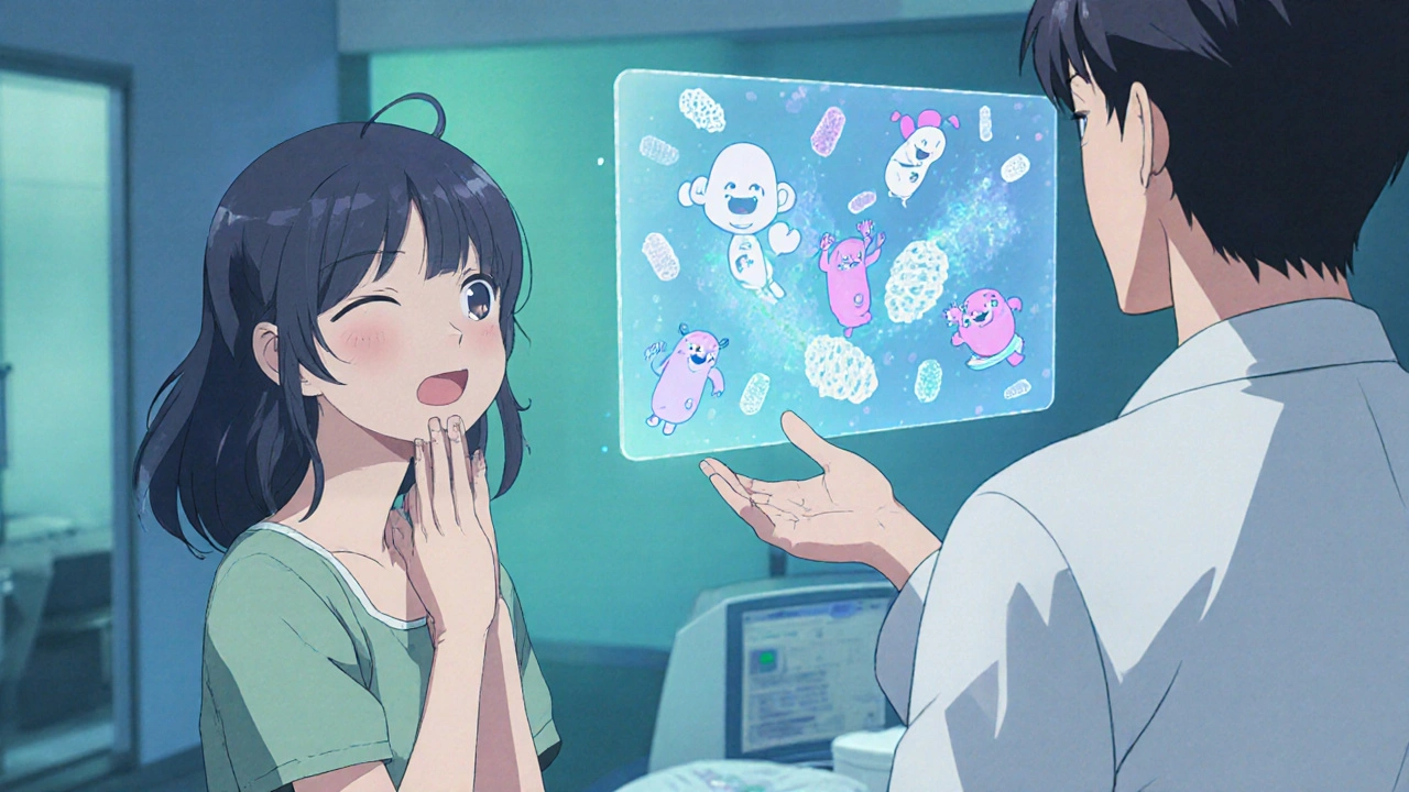 Patient smiles as doctor shows microbes being reduced, representing rifaximin’s effect on IBS.