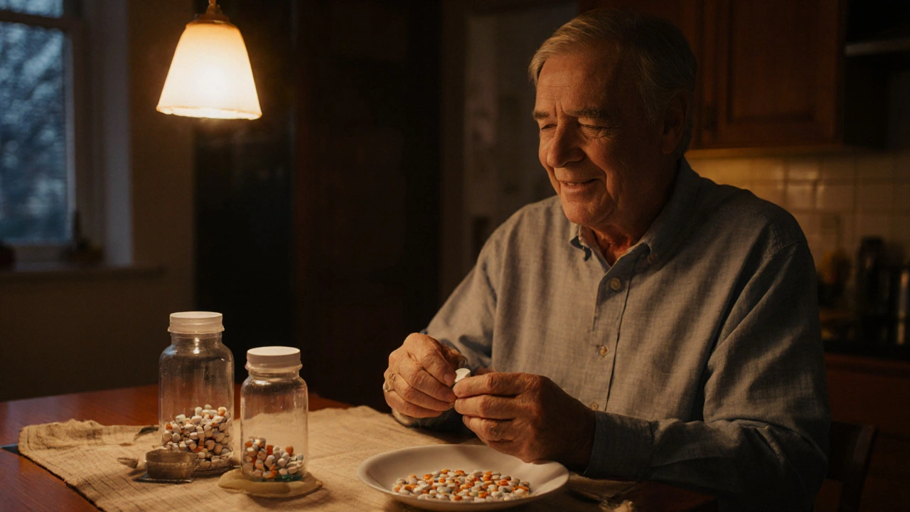 Patient taking a single diabetes tablet with dinner, two pill bottles on table.