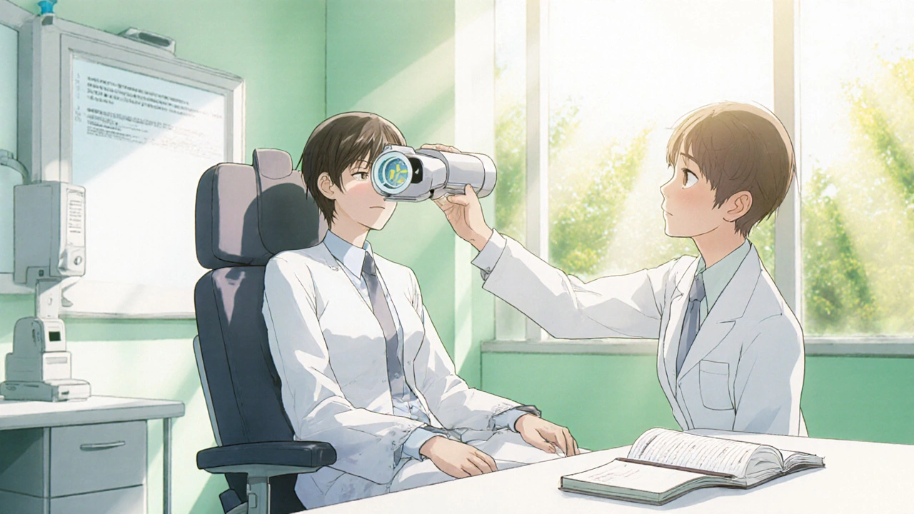 Patient undergoing eye exam with OCT scanner in a bright clinic.