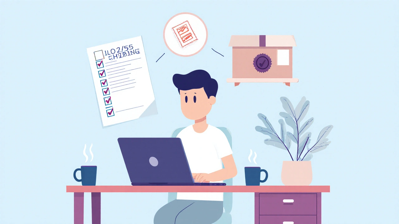 Person at desk with laptop, checklist and prescription beside a shipping box.