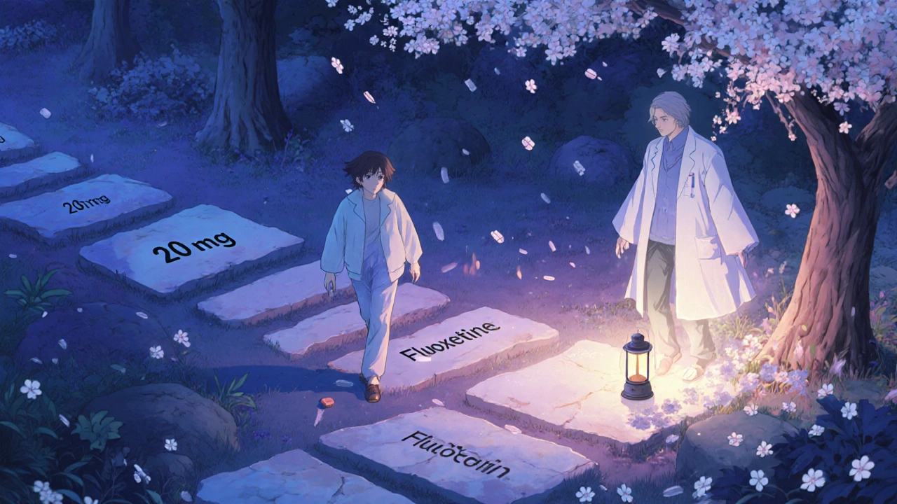 Person walks along tapering steps toward a Fluoxetine stone, guided by a doctor lantern in a dusk garden.