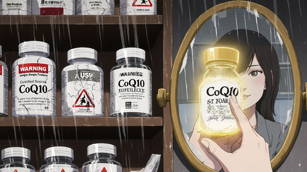 Pharmacy shelf with glowing certified CoQ10 bottle among risky brands, hand reaching cautiously