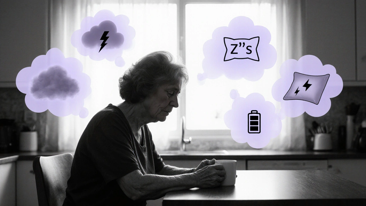 Post‑menopausal woman appearing anxious with foggy thought bubbles and sleep disturbance icons.