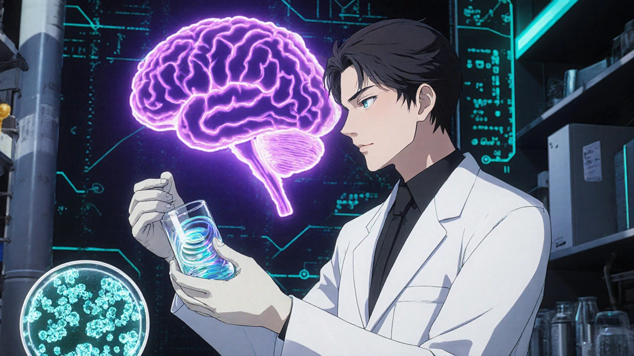 Researcher examines beneficial microbes and a glowing brain model, hinting at future rifaximin studies.