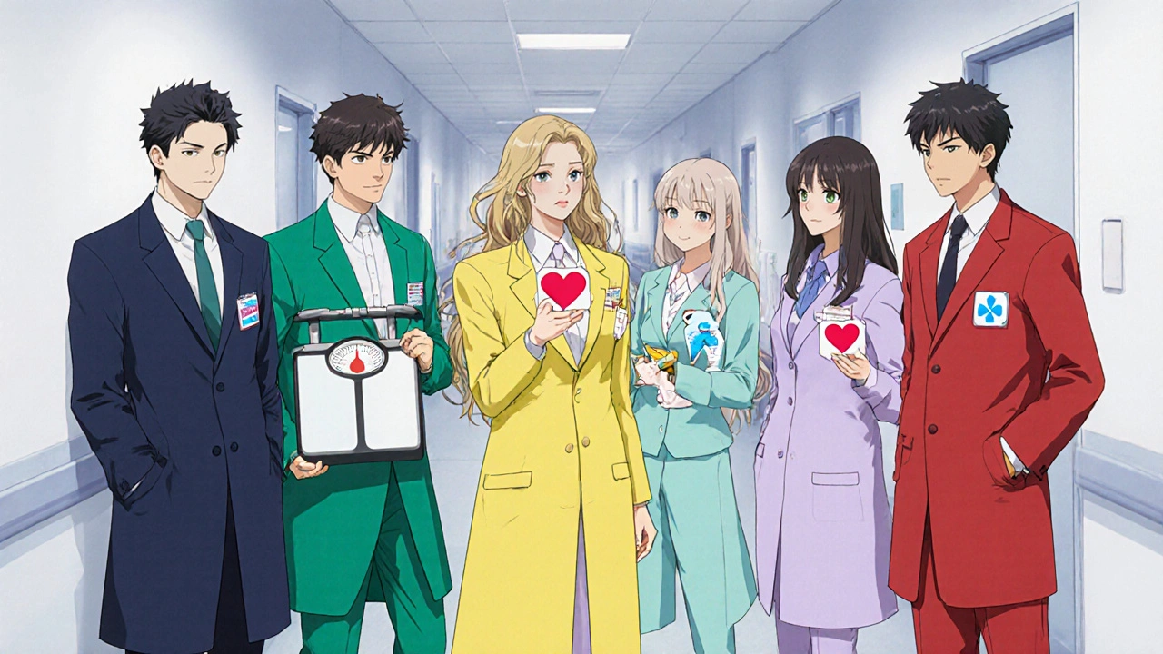 Six characters represent different antidepressants, each with unique colors and side‑effect icons in a hallway.