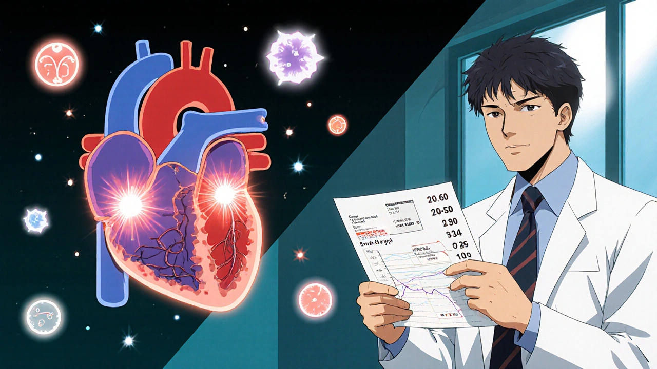 Split illustration of energized heart mitochondria and doctor seeing low blood pressure reading