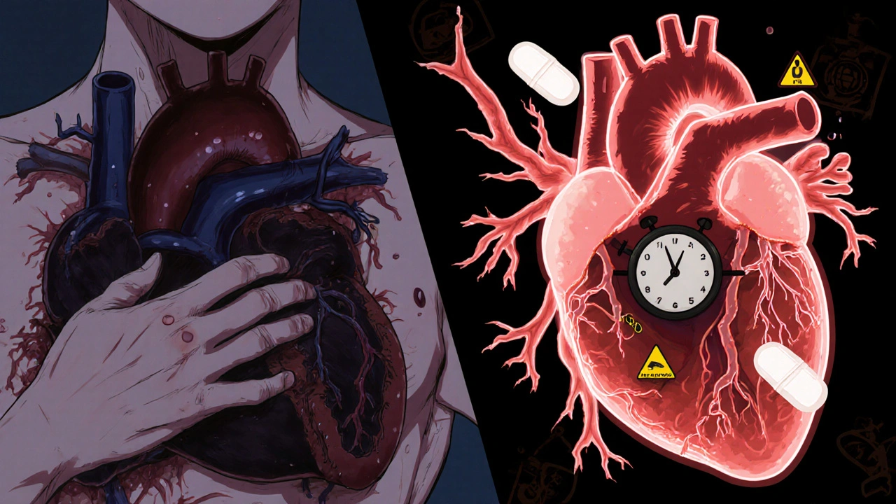 Split image: a strained heart vs. a relaxed heart, with medical symbols and a clock indicating nitrate-free time.